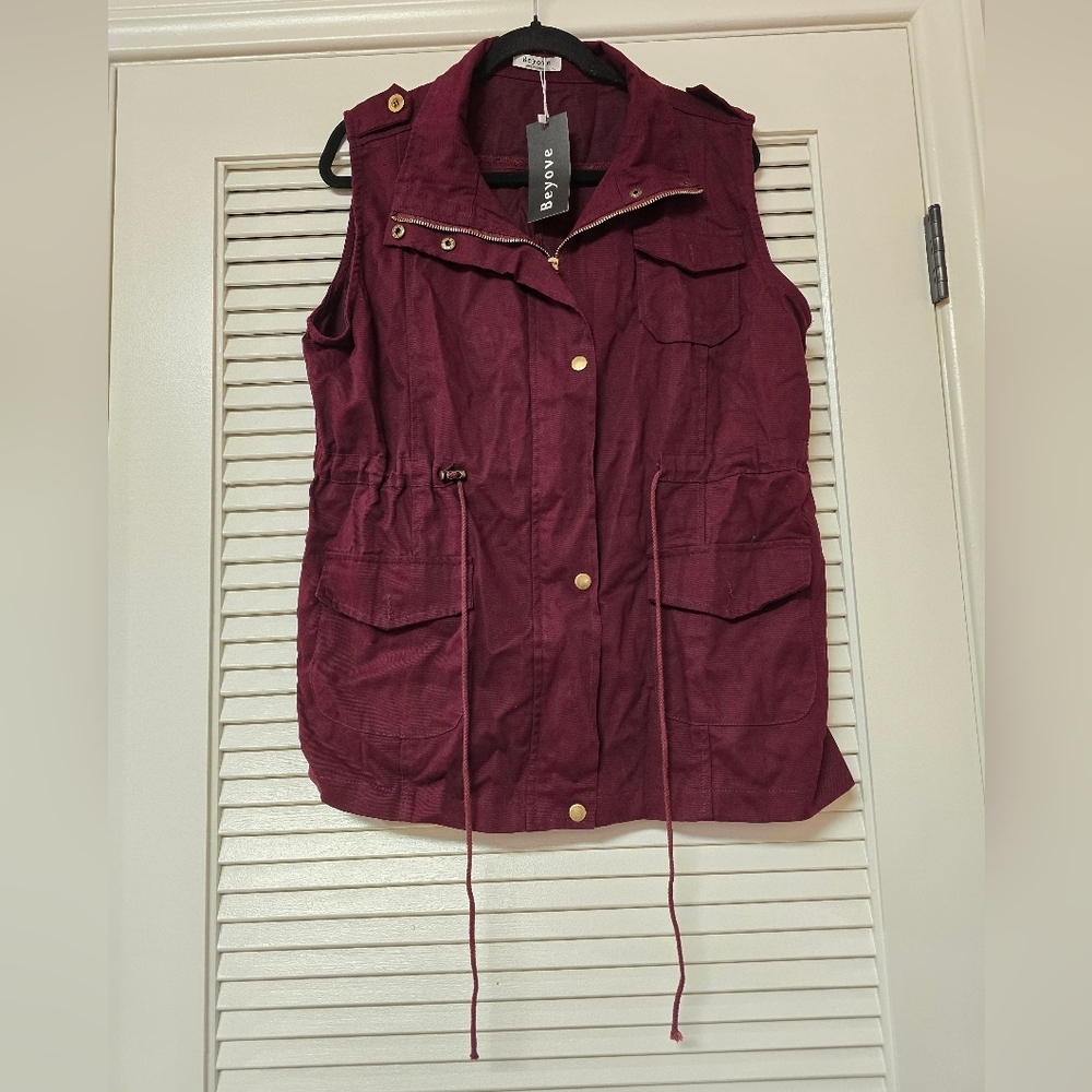 Beyove - (NWT) Sleeveless Utility Cargo Vest With Drawstring